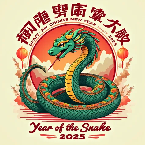 black background,playful,realistic,creative vibrant art T-shirt design featuring illustration for the Year of the Snake.Place the text Happy Chinese New Year 2025 at the top in large bold festive brush-stroke font with Year of the Snake below image in larg...