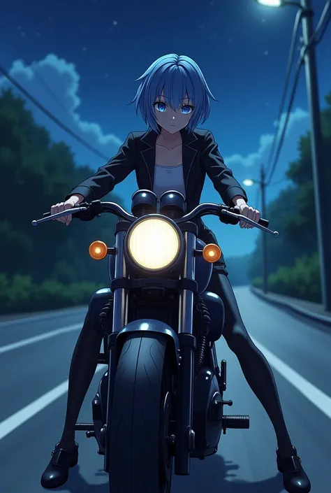 
anime, Beautiful woman,  short blue hair,  bright blue eyes,  riding a gang bike, Road background . night