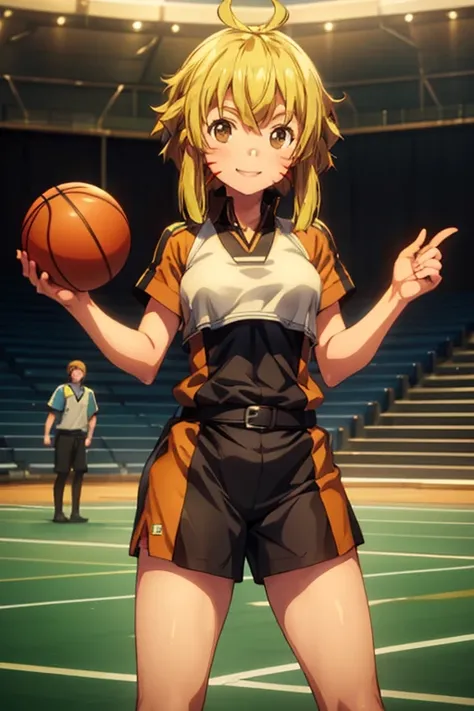 Argo (sao), 1girl, standing, basketball uniform, at a basketball court, smile,  Accurate, Masterpiece, Solo, Anatomically Correct, 