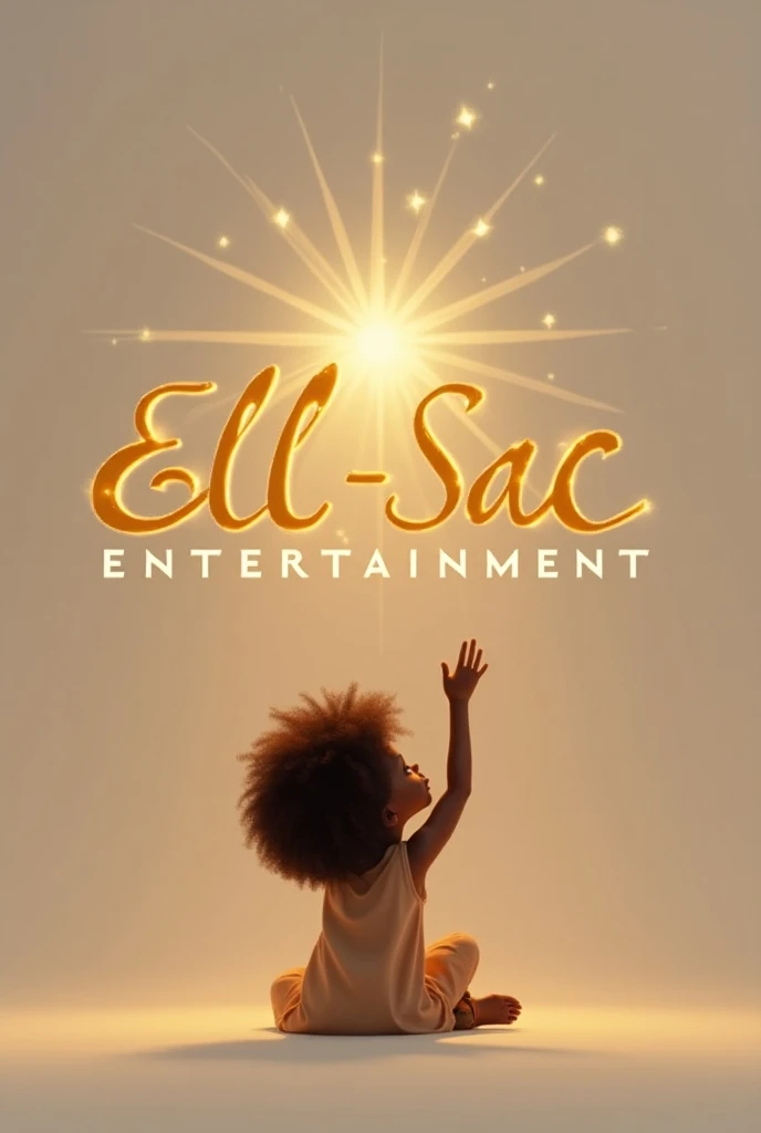 (photorealism:1.2), logo Ell-Sac Entertainment, star icon inbetween Ell and Sac, a little black girl with afro hair sitting back facing front, her hands stretched up to star icon, rays of light shinning on letters