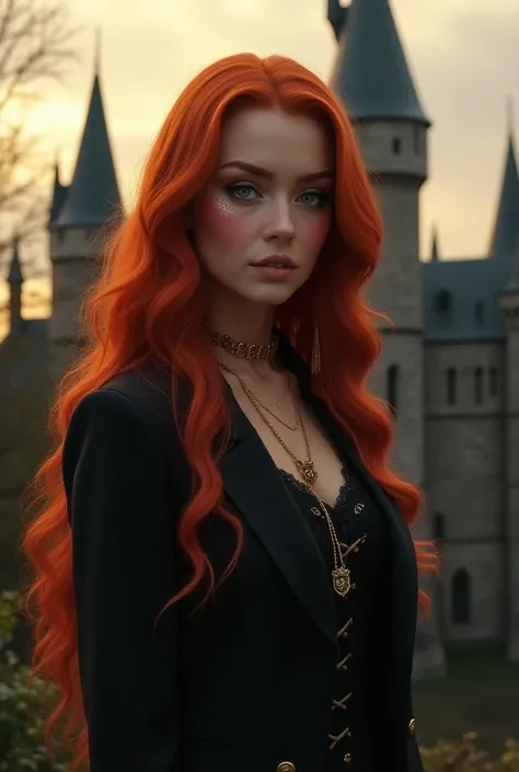 a beautiful girl with long detailed red hair, extremely detailed blue eyes, small waist, large hips, wearing a Gryffindor school uniform, sexy, beautiful woman, Hogwarts castle background, high heel boots, realistic, photorealistic, Gryffindor, golden acce...