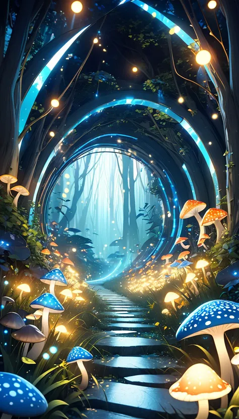  A 3D style tunnel in a two-dimensional dark magical forest， There are magical lights at the end of the tunnel , 魔法童话森林,  Golden fireflies flying in the forest ,  Mushrooms with transparent blue spots in the grass ，Forest plants are full of speckled light ...