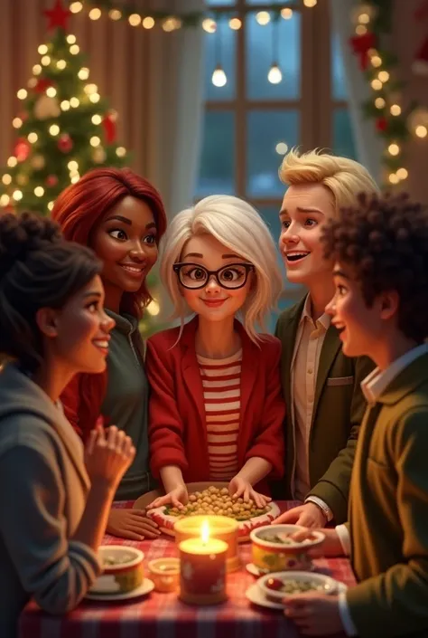  A red-haired woman, a white-haired woman,a dark-skinned woman,  a man with glasses with light brown hair, a blond man, And another man with big brown hair at Christmas