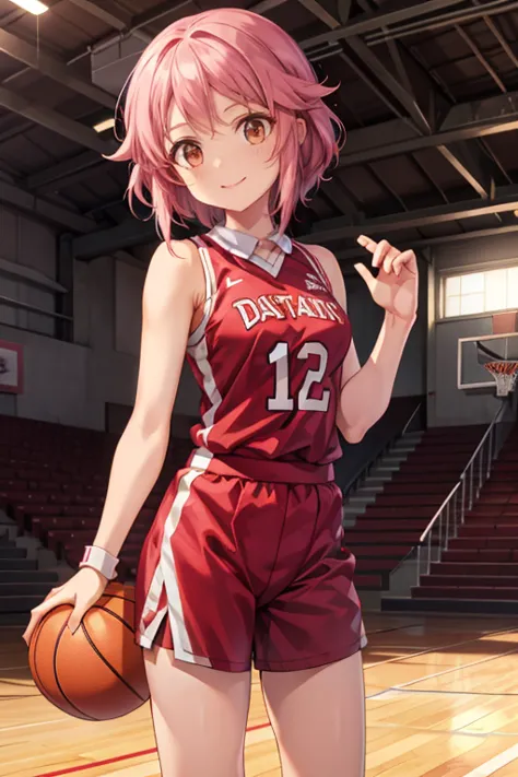 lisbeth (sao), 1girl, standing, basketball uniform, at a basketball court, smile,  accurate, masterpiece, solo, anatomically cor...