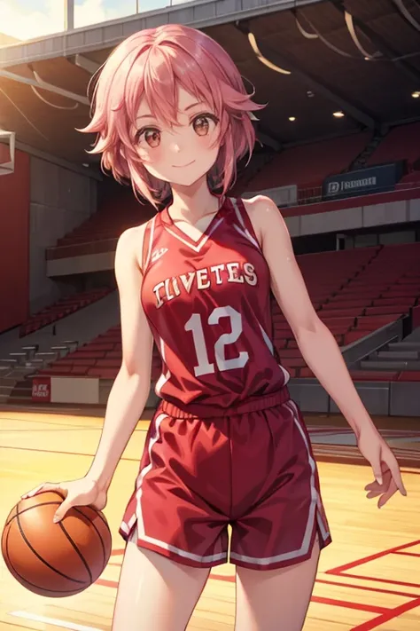 lisbeth (sao), 1girl, standing, basketball uniform, at a basketball court, smile,  accurate, masterpiece, solo, anatomically cor...