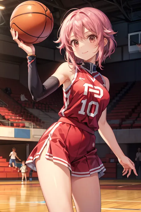 lisbeth (sao), 1girl, standing, basketball uniform, at a basketball court, smile,  accurate, masterpiece, solo, anatomically cor...