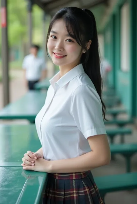  Real photo of a high-quality and realistic Chinese woman ,  Beautiful Girls (((Big breasts ,  big breasts  , ))) ,  is the best quality,  A 20-year-old Thai girl in a school uniform standing at a green metal table,  She wore a white shirt(((Big breasts , ...