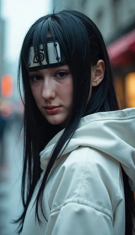 Close up portrait of a woman imitating the character Hinata Hyuga from the anime series Naruto Shippuden, Hinata Hyugas costume is a white hoodie, she is standing in the rain, Konoha headband. With her head turned to the side and her eyes looking directly ...