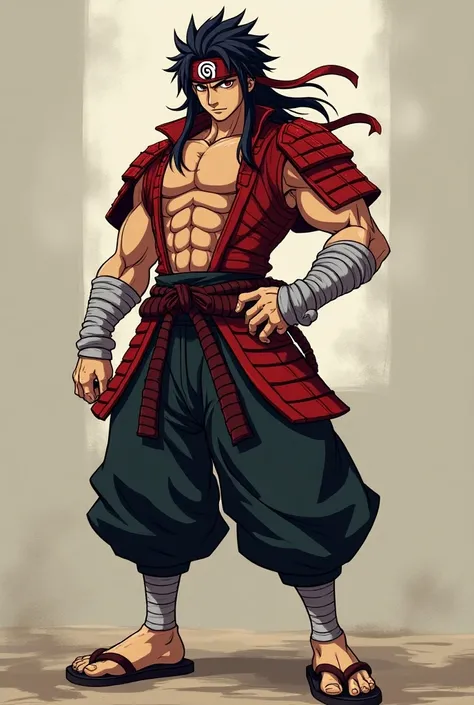 Create a blended character that combines features of two iconic warrior anime characters. The character has long, dark spiky hair and red samurai-style armor with shoulder plates and chest protection. He also wears a headband with a spiral symbol, similar ...