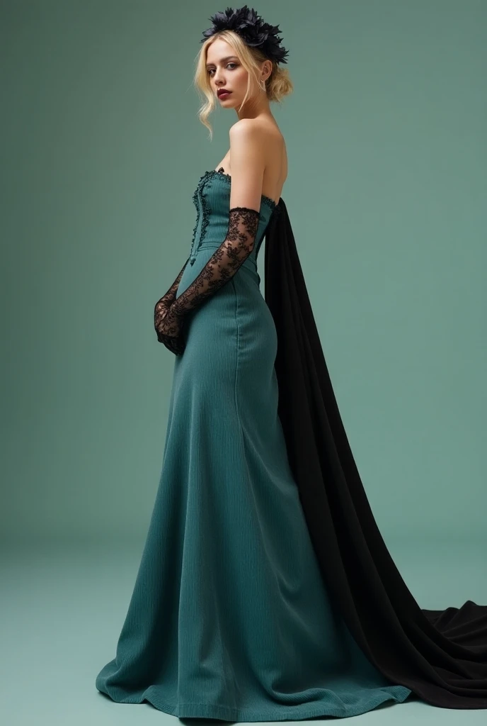  Simple and elegant bohemian style wedding dress inspired by Lady Gaga with a straight cut , closed back,  comfortable covered and flexible made of cyan-colored corduroy fabric with a long layer of black silk on the back,  a cyan-colored veil and black mit...