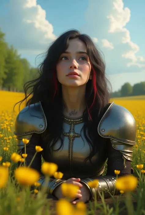 Beautiful girl with long black hair with red wick with medieval armor lying in a field of yellow flowers and trees with clear blue sky and clouds of man curly short hair with medieval armor with tattoos black yellow hair tattoo 