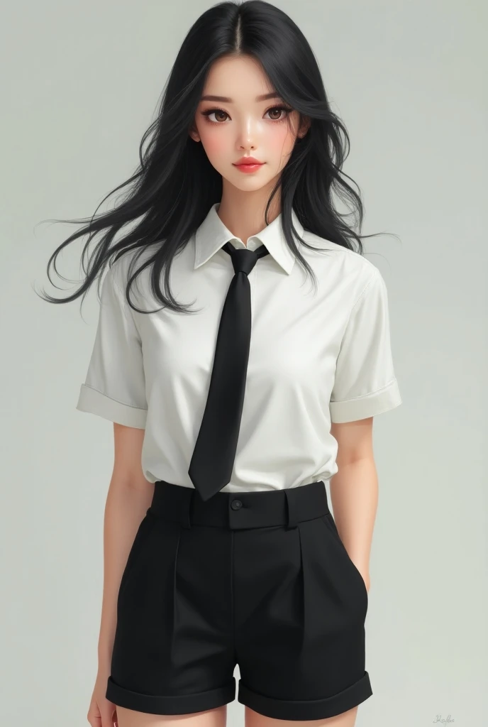 A girl with black hair, wearing a white dress shirt and black tie, black shorts and black sneakers.  realistic image .