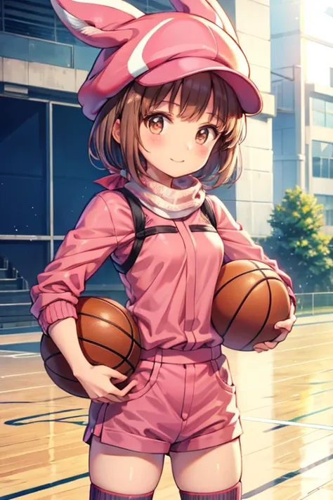 llenn (sao), 1girl, standing, basketball uniform, at a basketball court, smile,  Accurate, Masterpiece, Solo, Anatomically Correct, 