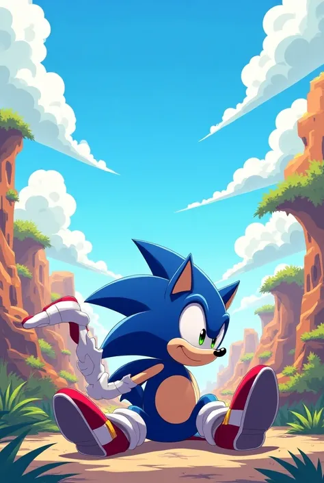 Sonic the hedgehog, in Anime, sitting down on the ground, kicking his feet