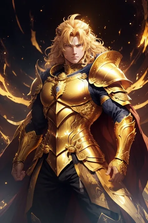  The image shows a Golden Knight of the Knights of the Zodiac in a powerful pose.
 The image presents a male character wearing detailed gold armor , full-bodied male character ,  that represents Leos armor , one of the signs of the zodiac .  His hair is go...