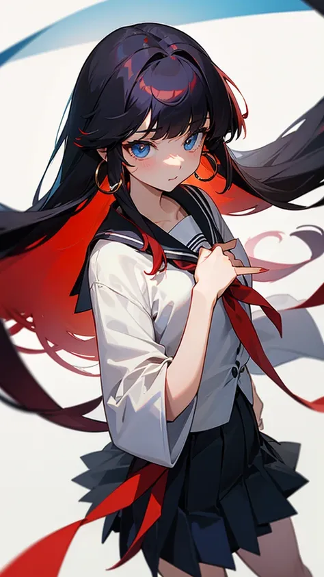  singular,  1 female , Chest, Bangs, black hair,  long hair,  red hair, 分開的Bangs, hoop earrings, blue eyes, School Skirt Center