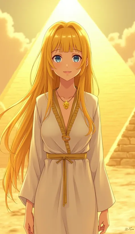 A captivating Japanese anime-style illustration of a beautiful girl with long yellow hair and bangs. She is dressed in a white Egyptian robe, adorned with a golden necklace, and has a fair complexion, blue eyes, and soft lips. The girl stands with a serene...