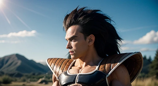 Raditz - the  , 1 boy, Alone,   black hair  , black eyes, (  upper body  :1.5,).portrait, smirk, Saiyan Armor, shoulder armor, Failures,  Very long hair,blue sky,plateau,tree,The gram,standing,  Looking at the spectator,  tail around the waist , red armban...