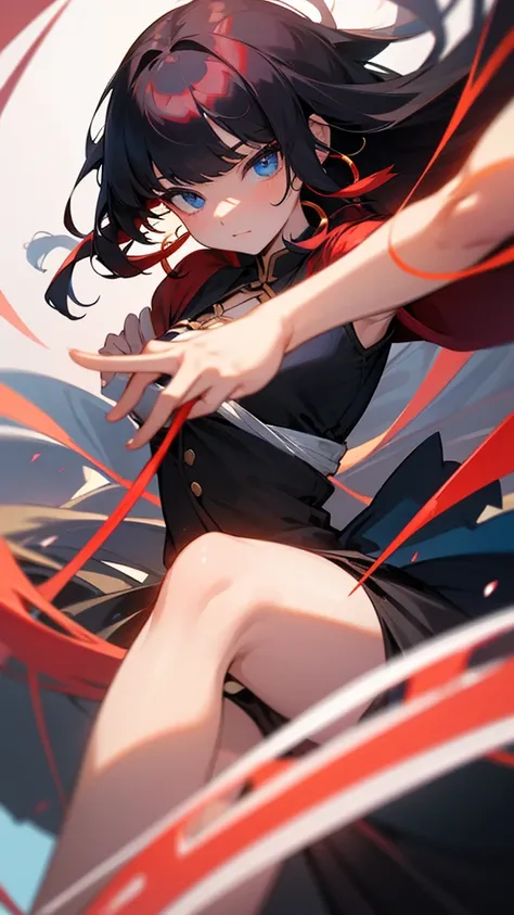  singular,  1 female , Chest, Bangs, black hair,  long hair,  red hair, 分開的Bangs, hoop earrings, blue eyes, School Skirts Midsummer