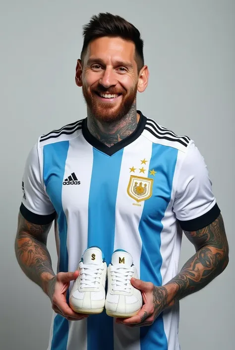 A Realistic Photo Of Messi Wearing An Argentinian Football Shirt , That His Tattoos Are Visible On His Arms And That There Is A Big Smile On His Face And That He Has Adidas Samba Messi Shoes In His Arms 