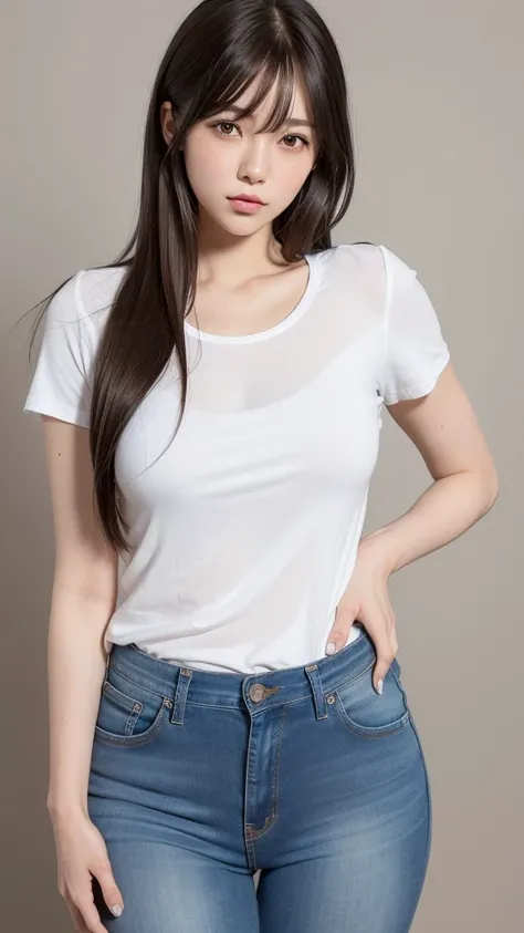 Blue skinny jeans. White T-shirt. Bangs, medium-long hair, Japanese, 28 years old, sharp eyes, female, brown hair, cool face, gray background, standing, crisp retouch, detailed retouch, realistic. Jeans visible. Natural finish. Plump figure