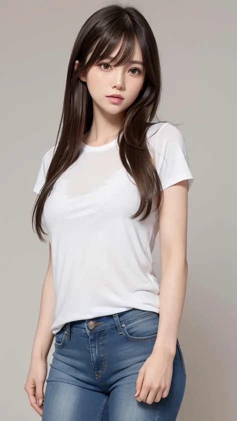 Blue skinny jeans. White T-shirt. Bangs, medium-long hair, Japanese, 28 years old, sharp eyes, female, brown hair, cool face, gray background, standing, crisp retouch, detailed retouch, realistic. Jeans visible. Natural finish. Plump figure