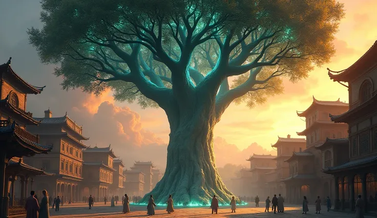  Digital cinematographic illustration of an ancient and majestic magic tree in the center of a square at sunset.  The tree emits a soft ethereal blue glow between its leaves ,  and luminous lines like golden threads around them representing stories .