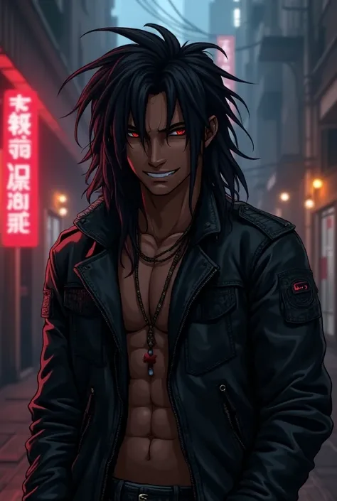 An anime male, leather jacket, dark skinned, dreads, grin