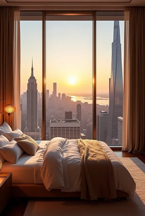 Spectacular view of the bedroom in a billion-dollar building early in the morning

