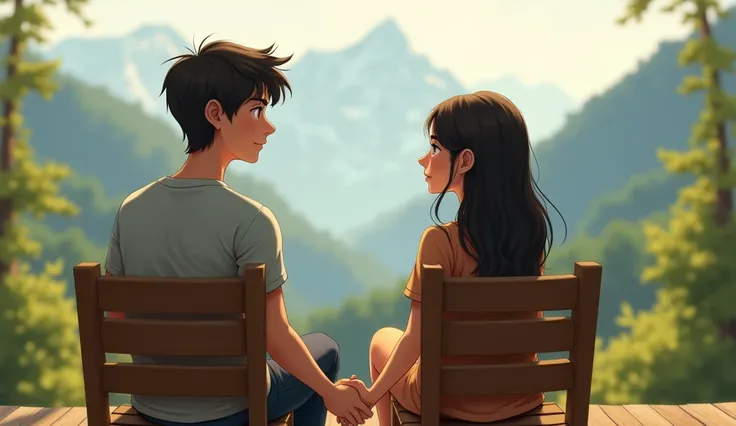 mature  boy and girl  We are sitting together in a lovely place and there are mountains in front of them and they both are holding each others hands.sitting on a chair 