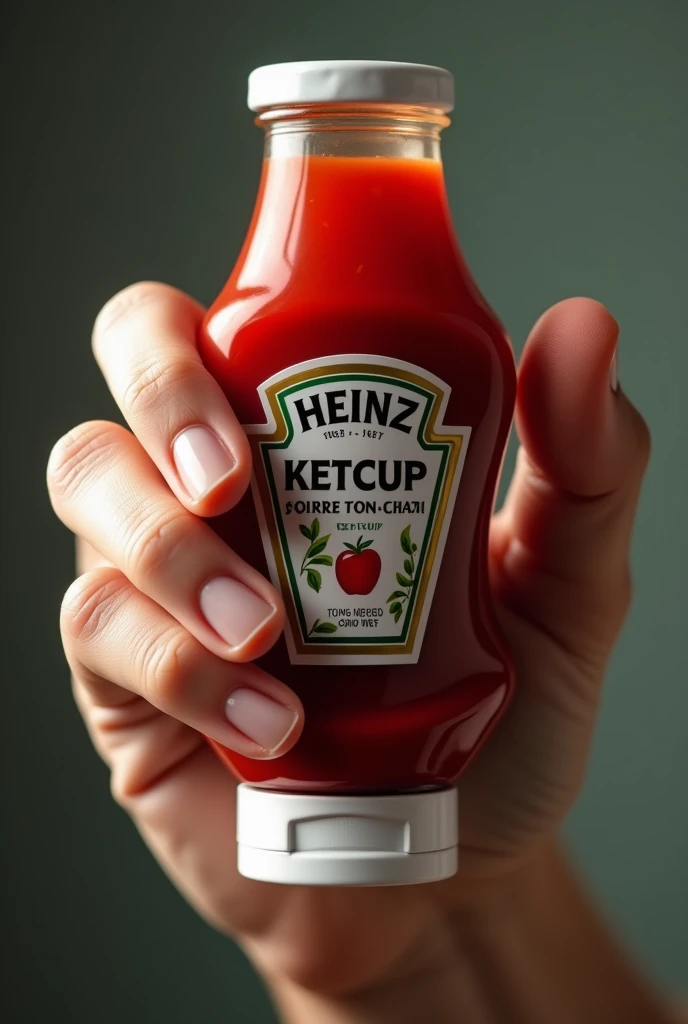 Hand holding a Heinz ketchup and showing it forward 