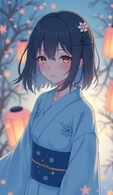 
Illustrate a young girl with a soft, fleeting presence. She has medium-length hair that frames her face gently, wearing a light blue yukata adorned with subtle, traditional patterns. Her expression is calm and wistful, exuding a delicate, almost ethereal ...