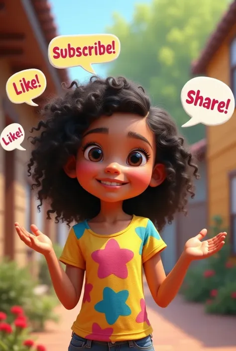 A rens character called Alice, a smiling girl with curly hair, dark skin, wearing a colorful t-shirt. She is finishing the creation story with a friendly gesture of farewell and encouraging the audience to subscribe, like and share the video. The scene is ...