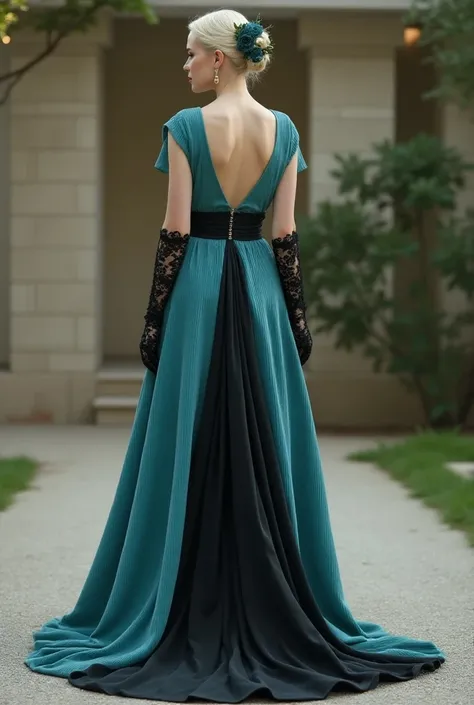  Simple and elegant bohemian style wedding dress inspired by Lady Gaga with a straight cut , closed back,  comfortable covered and flexible made of cyan-colored corduroy fabric with a long layer of black silk on the back,  a cyan-colored veil and black mit...