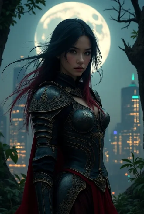 Beautiful girl in the background with black and red hair in medieval armor with trees around in the background in a beautiful modern city night buildings 