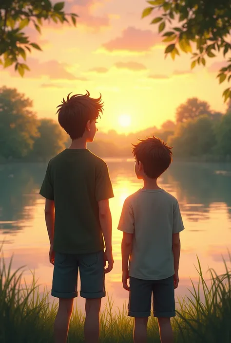 The teenage boy stands with a thoughtful expression, looking into the distance as if reflecting on what he learned. His older brother stands beside him, both facing the lake as the sun begins to set, casting a warm glow over the scene. The landscape includ...