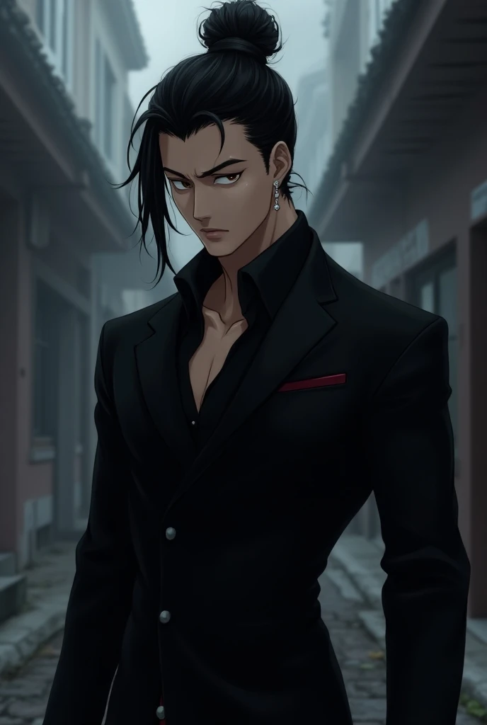 An anime male, man bun, black attire 