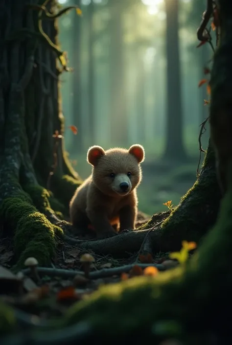 Creat a baby bear in the dark forest