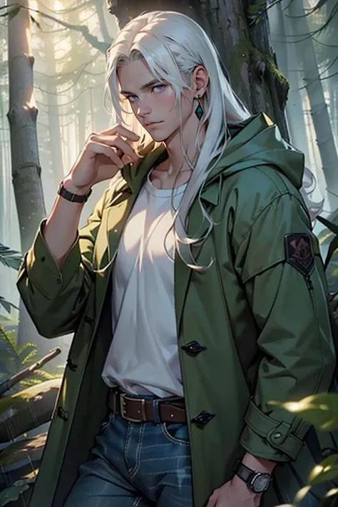 ((masterpiece)), (((best quality))), solo, 1 male, pale white skin, (long white hair), (((straight hair))), side part, very handsome young man, age 18, beautiful face, large defined pecs, (thick thighs), purple eyes, realistic clothing, ((long dark green r...