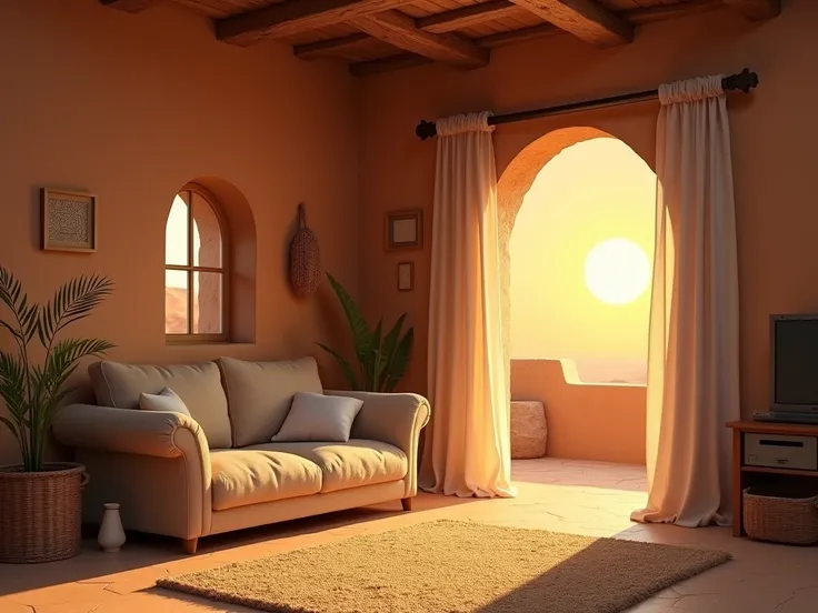 The sun can be seen from a corner of the sofa in a house made of clay 