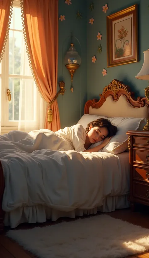 Imagine a person lying asleep in bed in a beautiful realistic Disney style room