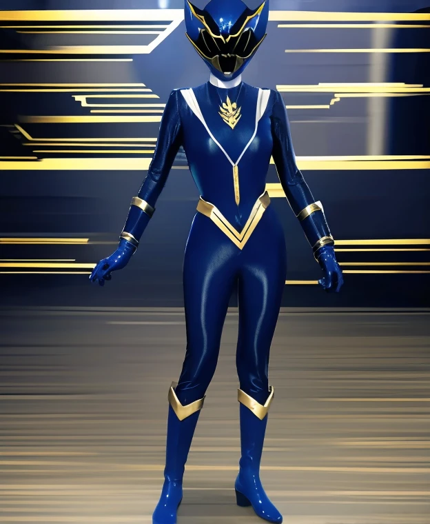 A woman dark blue rangers, dak blue ranger suit, as she power rangers toxic , full body , helmet mask, long hair, high detailed, realistic, gloves, ultra realistic, ((full face helmet)), black shield sunglasses on eyes, smart black sunglasses 