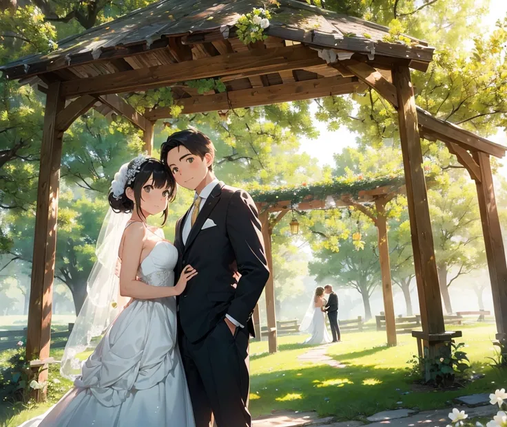 Draw an animated couple, a bride and groom, standing in a romantic forest under an arbor covered in greenery and white flowers. The scene should have a warm, golden glow with sunlight streaming through the tree canopy, creating a peaceful, enchanting atmos...