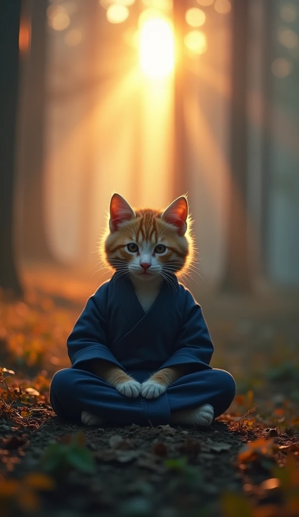  Heroic Poses :**
 Six soft-haired kittens are sitting wearing dark blue jinpei、Im meditating 　  close your eyes and take a quiet deep breath
The forest is foggy  　

 cinematic wide angle shot showing the sunrise
grainy film effect  ,   Super Panavision 70...