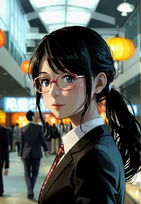 東証の中にいる、 is wearing a suit、 black hair long hair、 hair on the Tokyo Stock Exchange is bundled at the back、shes wearing glasses、I have the documents、woman