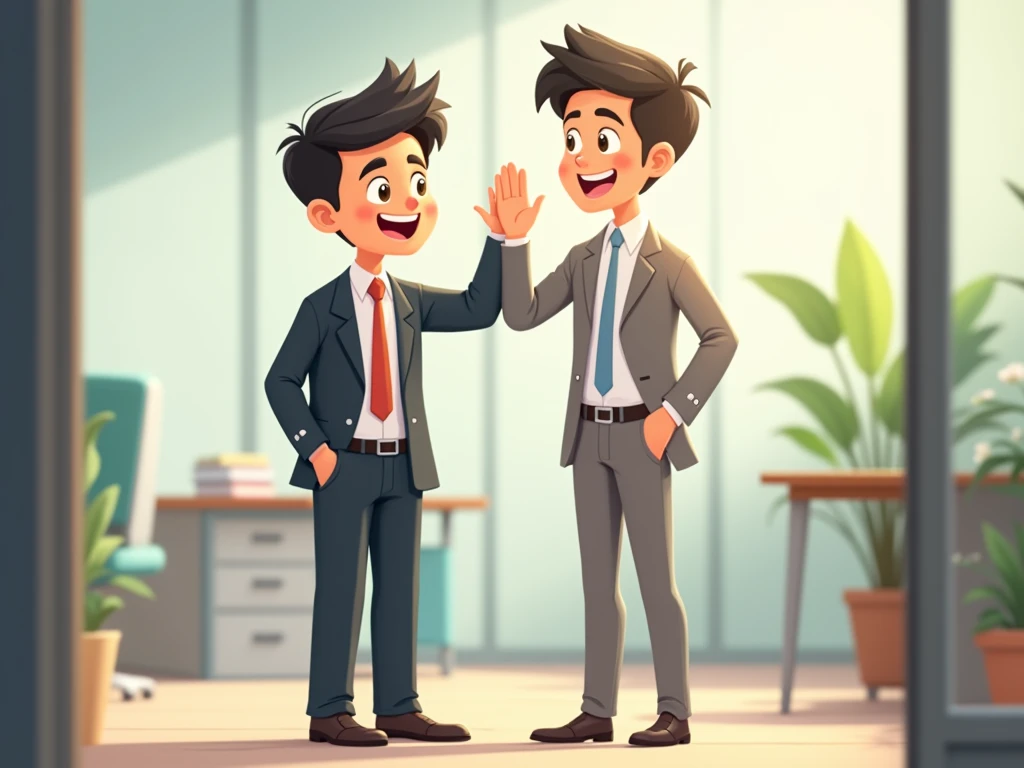 A young Thai man wearing a suit, a tie, a work suit, raises his hand, greets a colleague, a happy smile gesture, cartoon animation. --with 16:9