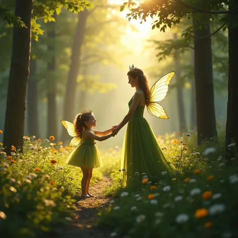 Sunlight filtering through the trees, sunlight shining through the trees, Soft Light, rays of sunlight in the forest, forest ray light, beautiful forest, beautiful rays of light, forest in morning light. a woman in a green dress is dancing with a fairy, ze...