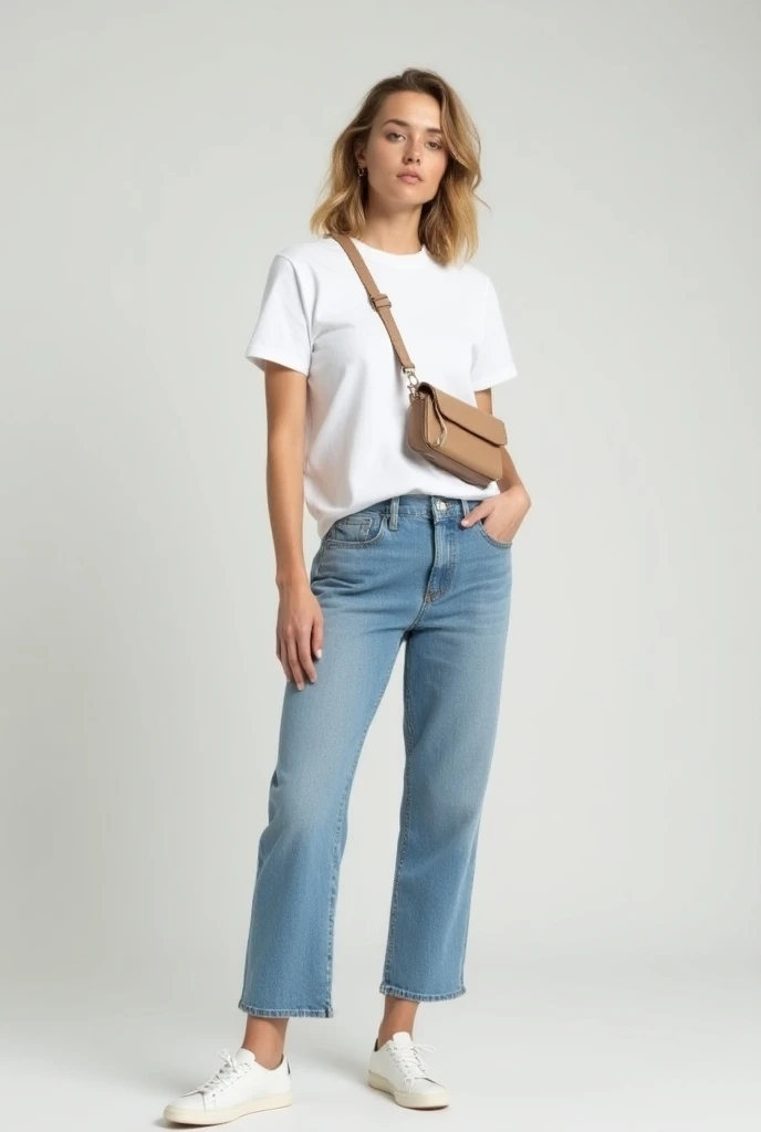 Classic White T-Shirt + Denim Jeans

Pair a fitted or oversized white T-shirt with light or medium-wash jeans.

Complete the look with white sneakers and a crossbody bag.