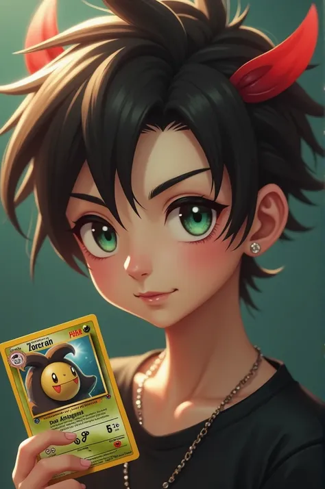 Create a boy with white skin, slanted brown eyes with a little bit of green and dark brown hair with red tufts, who has a Pokemon card in his hand and who has an eyebrow piercing. 