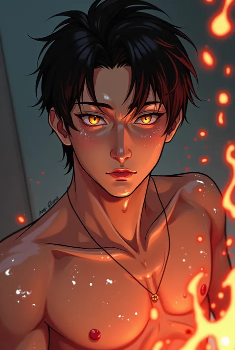 Manhwa man, Korean, yellow eyes, looks like ahn jiwon from bj alex, look a little bit older, gangbang with him getting bottom.

Make him +18 without tshirt

This character getting bukake and cum all over his face